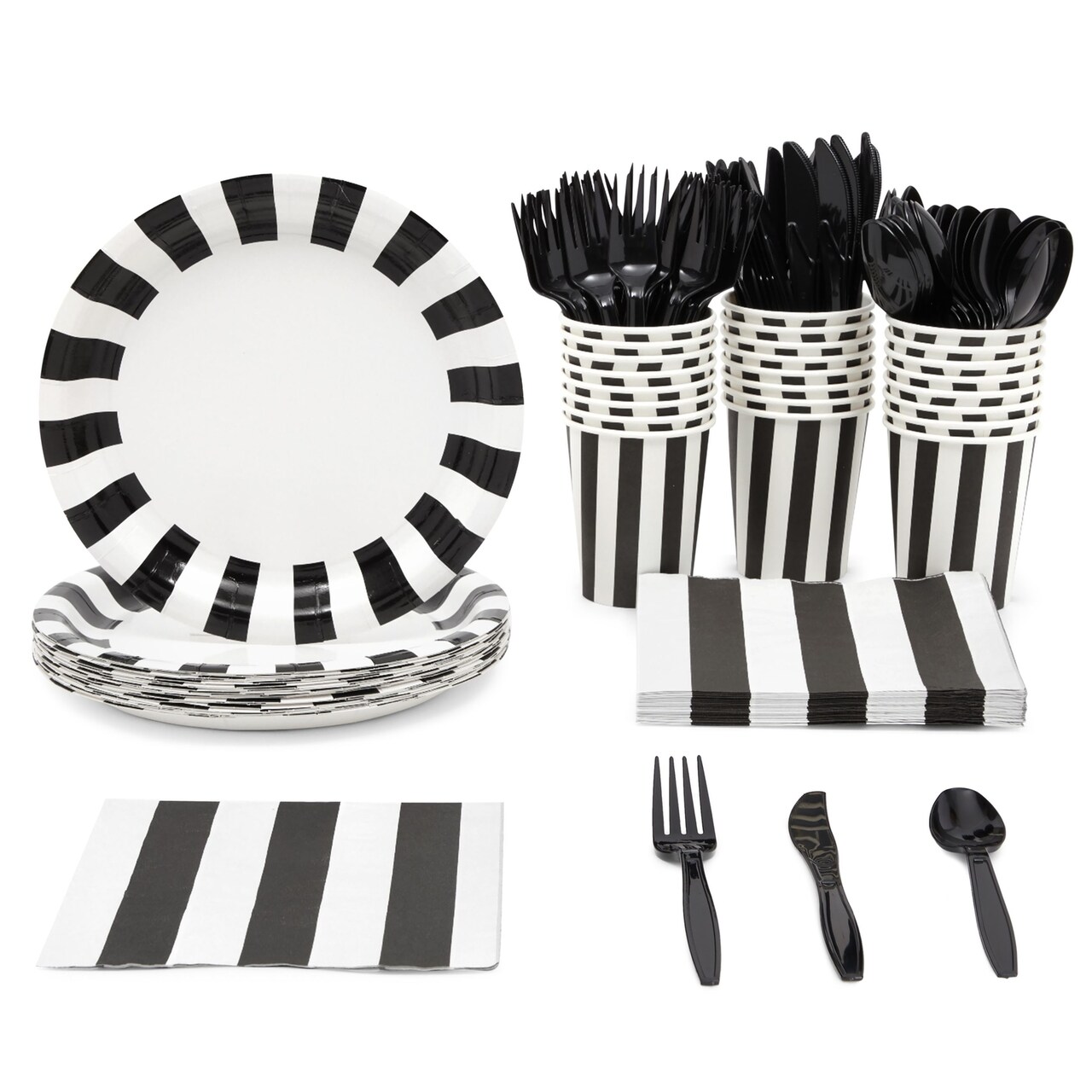 144 Piece Black and White Party Decorations - Serves 24 Striped